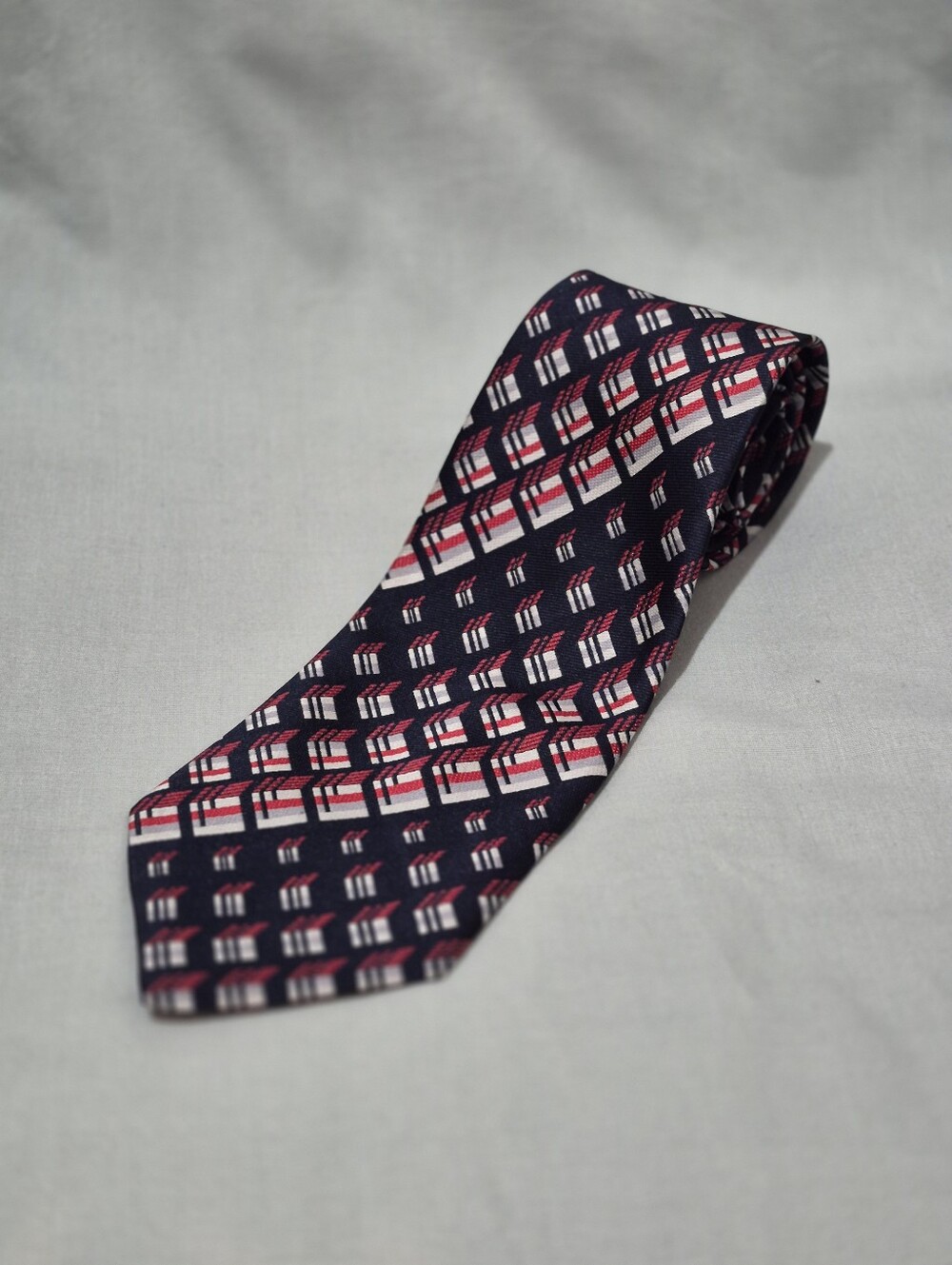 Navy Geometric Men's Dress Tie with Red & White Accents